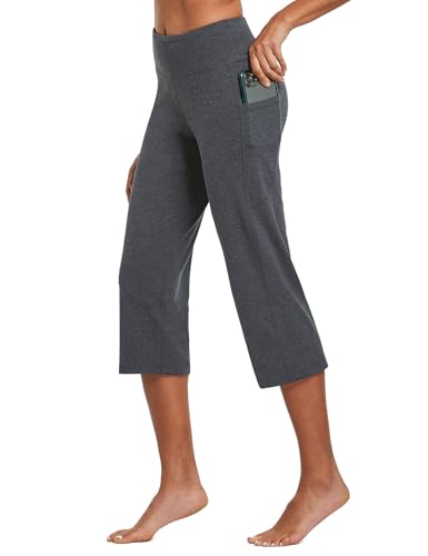 baleaf Womens Yoga Capri Pants High Waist Capri Leggings with Pockets Wide Leg Crop Exercise Workout Summer Pants Charcoal L