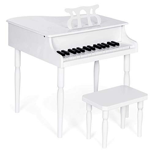 Best Choice Products Kids Classic Wooden 30-Key Mini Grand Piano Musical Instrument w/ Piano Lid, Bench, Foldable Music Rack, Song Book, Note Stickers, Enamel Finish - White