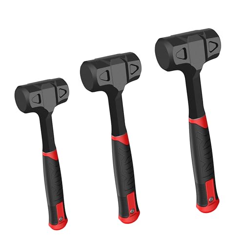 YIYITOOLS 3-Piece Dead Blow Hammer Set,16oz(1LB),32oz(2LB),48oz(3LB),Deadblow Mallet with One-Piece Forged Carbon Steel,Steel Ball-Filled Head,Anti-Vibration Rubber Mallet Grip and Rebound Resistant
