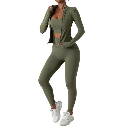 MUMANAIXI 3-Piece Seamless Moisture-Wicking Workout Set for Women - Gym, Fitness, Running, Yoga Sportswear (Green 3pcs, Medium)