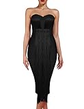 UONBOX Women's Strapless Elegant Tassel Tube Dress Bodycon Party Bandage Dress (XL, Black)