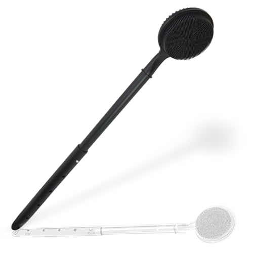 Dual-Sided Silicone Back Scrubber for Shower - Adjustable Long Handle (15.75"-23.62") - Shower Back Brush with Exfoliating & Massage Nubs - Perfect for Elderly, Disabled, Limited Arm Movement(Black)