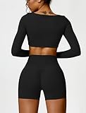 ABOCIW Workout Sets for Women 2 Piece Square Neck Long Sleeve Crop Tops High Waist Biker Shorts Gym Sets Black Small