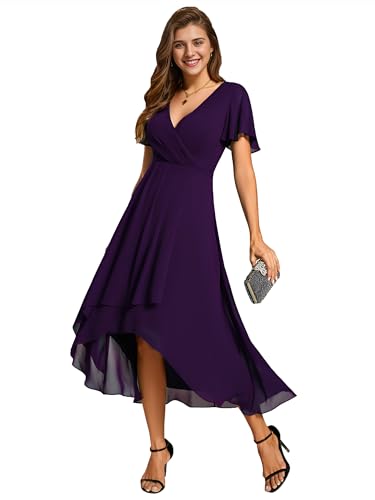 Ever-Pretty Women's Chiffon Formal Dresses V Neck Ruffle Sleeves Pleated High Low Summer Wedding Guest Dress Deep Purple US08