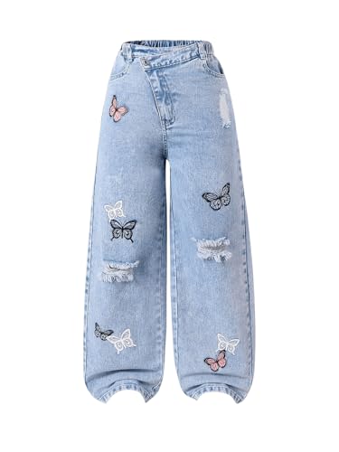 Floerns Girl's Butterfly Print Asymmetric Waist Ripped Jeans Wide Leg Y2k Denim Pants Light Wash 11Y