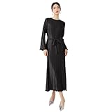 NOVA Vogue New Advanced Elegant European and American Metallic French lace Miyake Style Wooden Ear Edge Pleated Long Dress (Black)