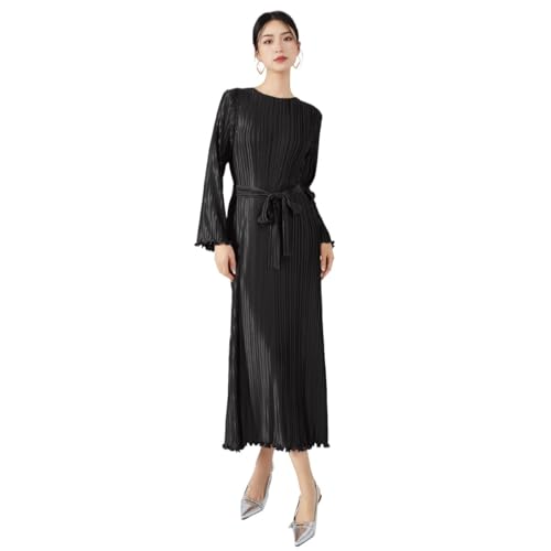 NOVA Vogue New Advanced Elegant European and American Metallic French lace Miyake Style Wooden Ear Edge Pleated Long Dress (Black)