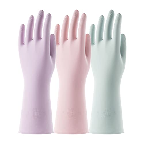 COOLJOB 3 Pairs Colorful Household Gloves with Cotton Liner & Non-slip Grip, Water Resistant Reusable Dish Washing Rubber Gloves for Kitchen & Bathroom Cleaning, Medium