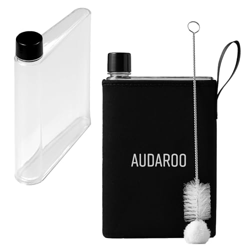 Slim Flat Water Bottle For Purse, Travel, Work, Gym - BPA-Free 14.2 oz Leakproof Plastic Flask with Cleaning Brush & Neoprene Sleeve - Portable A5 Water Bottle For Handbags, Backpacks, Office