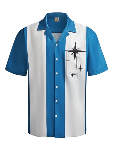 Hardaddy Men's Camp Collar Retro Vintage Bowling Button Down Shirt with Pocket Casual Short Sleeve Beach Shirts Summer Loose Fit Aqua Blue L