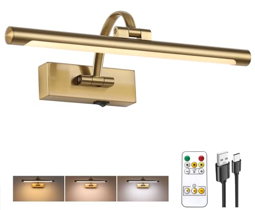 Tassuowell Wireless Picture Lights for Wall Rechargeable, Battery Operated Art Light for Paintings, 3CCT Dimmable, 15.7" Brass Finish with Remote, Rotatable Gallery Light for Pictures Display