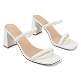 Avidirk Women's Square Open Toe Heeled Sandals Two Strap Mules Slip On Block Chunky Mid White Heels Sandals