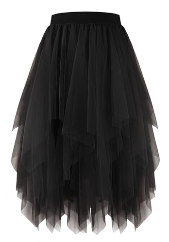 PUKAVT Tulle Skirts for Women High Waist Elastic Midi Skirt A-line Irregular Layered Mesh Tutu Skirts Black L