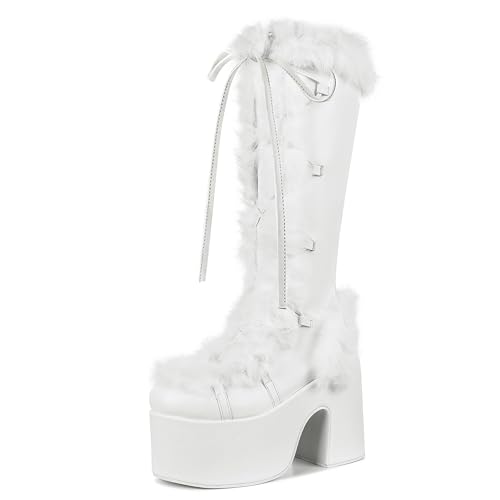 CELNEPHO Knee High Boots For Womens Side Zipper Warm Faux Fur Platform Chunky Heel Punk Goth Walking Winter Snow Boots