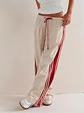 Side Striped Pants Women Drawstring Wide Leg Pants High Waisted Loose Slouchy Palazzo Sweatpants Beige White