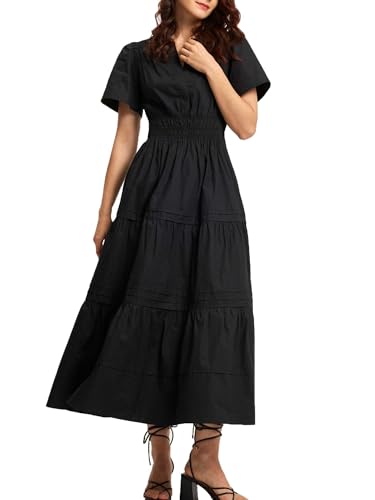 ShallWe Women's Black Summer Dress Casual Long Maxi Short Sleeve Layered Cotton V Neck A Line Fashion Travel Dress 2025 (US, Alpha, XX-Large, Regular, Regular, Black)