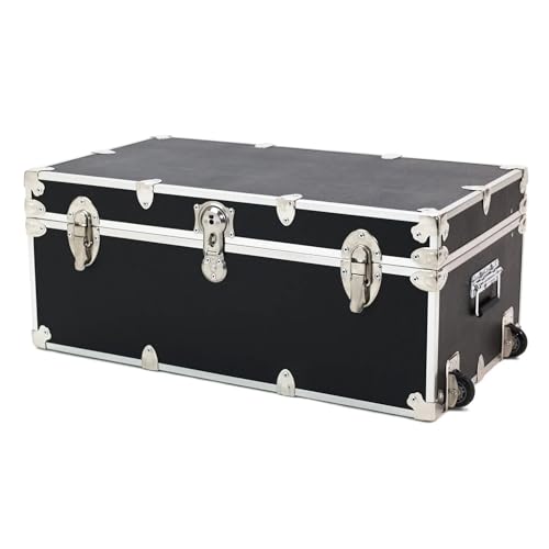 Rhino Trunk & Case Large Essential Camp/College Trunk with Wheels - Secure Dorm Storage Chest - Ideal Footlocker for Students - Strong Trunks with 1000+ Pound Sitting Capacity 32"x18"x14" (Black)