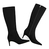 QIY Kitten Heel Boots for Women Knee High Heeled Boots Black Tall Boots for Women Kitten Heels Pointed Toe Fall Boots Winter Long Boots Women Comfortable Heels Size 7.5