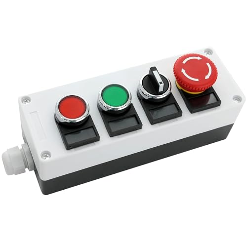 Shopcorp 22mm Control Station Box Set – Momentary Push Button Switches (Red & Green), 2-Position Rotary Switch & Emergency Stop Button
