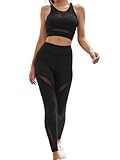 Verdusa Women's Workout Outfit Contrast Mesh Sport Bra and Legging Sets Black Medium
