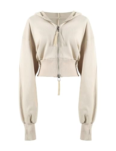 Arssm Cropped Hoodie Women Long Sleeve Sweatshirts Casual Fashion Hooded Zip up Workout Jacket with Thumb Holes (Beige-M)