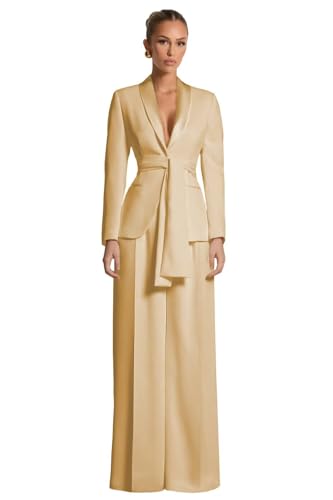LEWIJO Champagne Womens Suits with Belt Plus Size Elegant 2 Piece Shawl Collar Womens Pant Suit Formal Wide Leg Tuxedo for Prom Party Size XL-Large