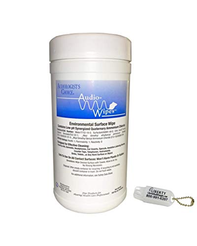AUDIO - WIPES Cleaning Towelettes - Large Canister (160 Wipes) and Liberty Hearing Aid Battery Keychain