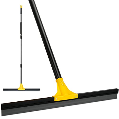 Floor Squeegee for Concrete and Tile Cleaning, 24'' Rubber Wiper Broom, Large Heavy Duty Water Scraper with 60'' Long Handle for Garage, Deck, Bathroom, Shower Glass, Window