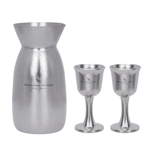 Boundless Voyage 3 Pieces Titanium Japanese Sake Set, 150ml Sake Carafe with 2 Cups, for for Sake Japanese Wine/Soju/Drink/Tea Dishwasher Safe Portable Drinkware for Outdoor Travel