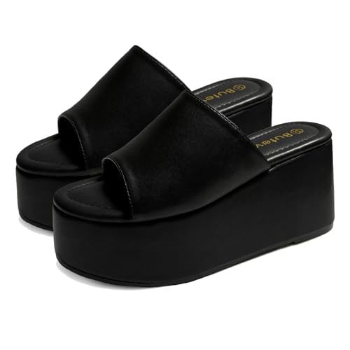 Butevar Platform Sandals Slides for Women Black Chunky Platform Wedge Comfortable Open Toe Slip on Flatform Sandals Casual, Black, 9