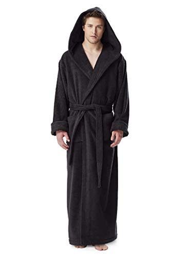 Arus Mens Hood'n Full Ankle Length Hooded Turkish Cotton Bath Robe Black, Medium