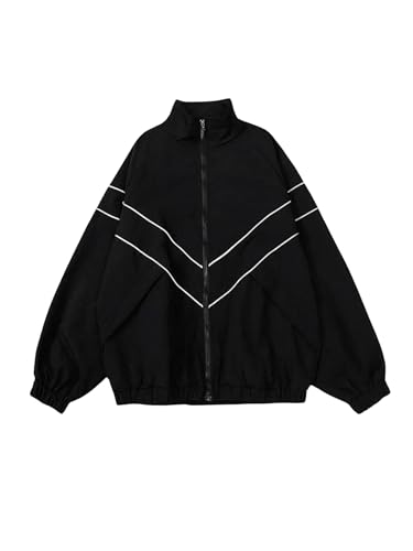SOLY HUX Men's Y2k Zip Up Jacket Lightweight Windbreaker Outerwear Varsity Jackets Plain Black Small