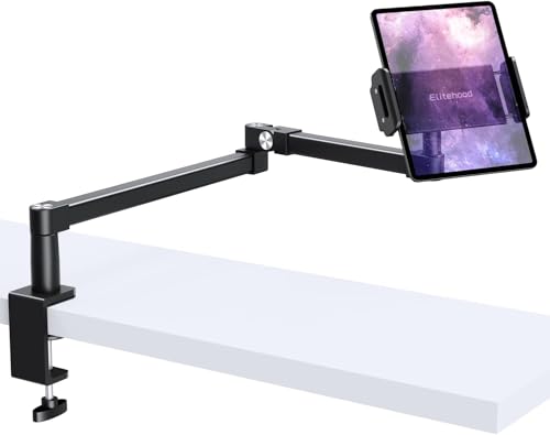 elitehood iPad Desk Mount, Heavy Duty Adjustable iPad Holder for Desk Bed Sofa, Long iPad Arm Mount with C Clamp for iPad Pro 13/12.9, iPad Air Mini, Tablet, Portable Monitor and 4.7-13 in Devices