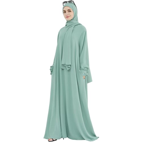 Women Muslim Dress Middle East Arabian Robe Islamic Modest Dress with Hijab Scarf Lace Sleeve Flowy Abaya Dress Light Green