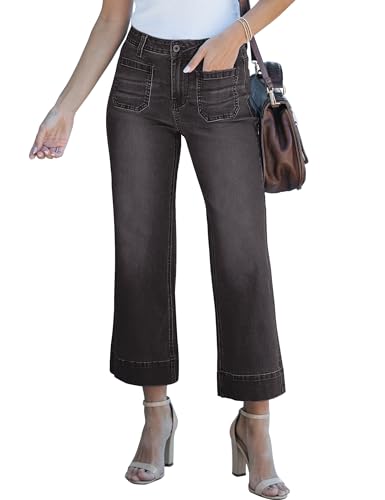 luvamia Wide Leg Jeans for Women Trendy High Waisted Flare Jeans Cropped Denim Pants Stretchy Baggy with Patch Pockets Flare Jeans for Woman Womens Summer Pants Dark Gray Size X-Large Size 16 Size 18