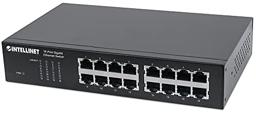 Intellinet 16 Port Gigabit Ethernet Switch – 10 / 100 / 1000 Mbps - Computer Desktop Internet Networking Splitter LAN Hub Router, Unmanaged, Metal Case, Fanless – 3 Yr Mfg Warranty – 561068