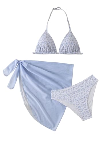 SOLY HUX Girl's Summer Swimsuit Set Floral Halter Triangle Bikini Set with Wrap Skirts Beachwear Blue and White 16Y