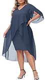 Hanna Nikole Tow Piece Layered Dress for Women Plus Size V Neck Chiffon Overlay Irregular Hem Party Pencil Dress Grey Blue XL