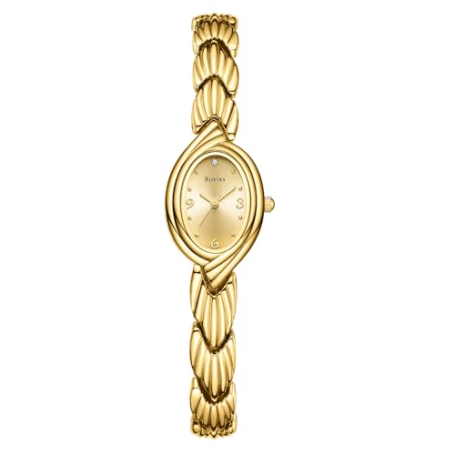 Rovixs Small Bracelet Watches Vintage Easy Read Ladies Quartz Wrist Watches Adjustable Strap with Tool (Gold-Gold)