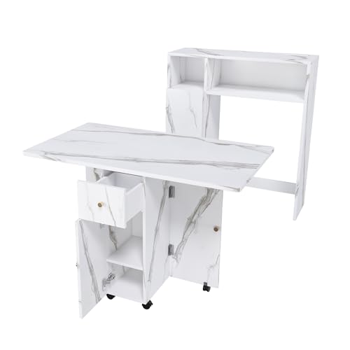 Multifunctional Convertible Dining Console Cabinet Wall-Mounted Foldaway Table Sideboard Buffet with Storage Shelves Drawer Power Outlets USB Wheels Locking Casters Collapsible Workstation (White)