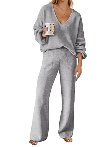 MEROKEETY Womens Loose Fall Pajama Set Long Sleeve Pullover Sweater and Pants Loungewear with Pocekts,LightGrey,S