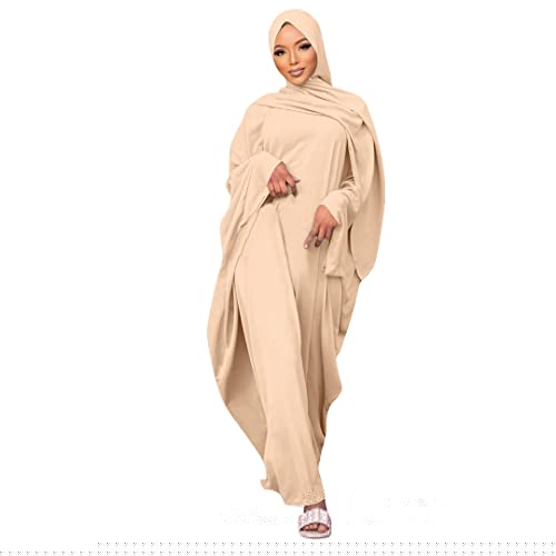 IKADEX Muslim Dress for Women Pakistani Kaftan Abaya Robe + Hijab Arabic Islamic Prayer Clothes Dubai Outfits Apricot Set
