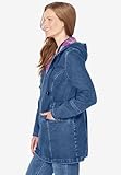 Woman Within Plus Size Flannel-Lined Denim Jacket Removable Hood Long Oversized Jean Coat - 2X, Medium Stonewash Plaid Blue