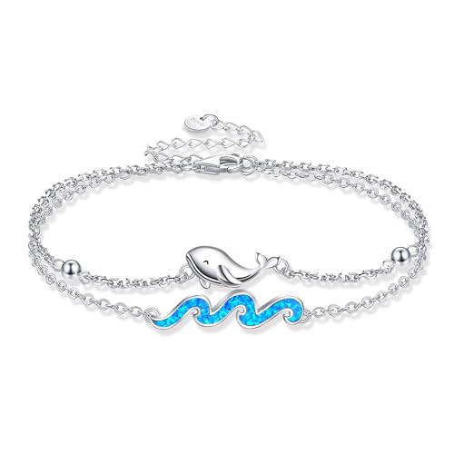 URONE Whale Bracelet For Women 925 Sterling Silver Blue Opal Wave Bracelet Adjustable Ocean Beach Jewelry Gift (whale)