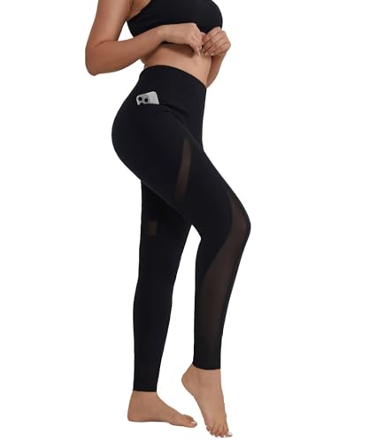ALONG FIT Sexy Yoga Pants Sheer Side Mesh with 3 Pockets 4-Way Stretch Women Workout Leggings Tummy Control