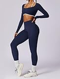 AGYMNX Workout Sets for Women 2 Piece Outfits Seamless High Waist Leggings Yoga Long Sleeve Crop Tops Athletic Gym Sets Blue S