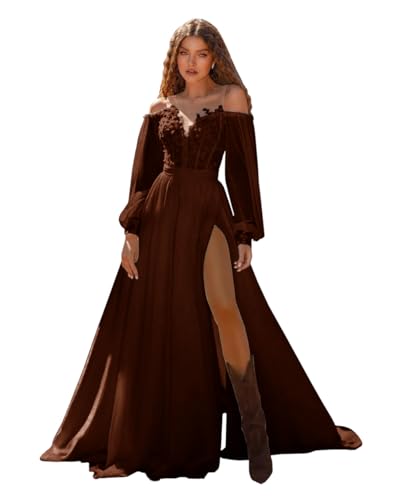 Xsqmbwb Brown Wedding Dress for Bride Winter Off Shoulder Long Sleeve Applique Corset Chiffon Bridal Gown with Slit US14