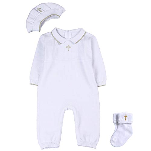 HAPIU Baby Boy Baptism Outfit with Hat Christening Outfit-Cross Detail, 0-3M, Pure White