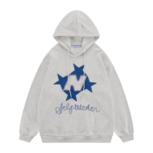 Aelfric Eden Y2k Hoodie Women Graphic Oversized Hoodies Star Embroidered Hoodied Sweatshirt Casual Vintage Pullover Grey