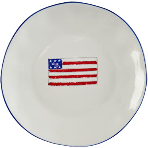 Tableau American Flag Ceramic Salad Plates Set of 4-8 Inch, Round Blue Rim Dinner Plates, Microwave & Dishwasher Safe, Durable White Dinnerware for Salads, Desserts, and Snacks